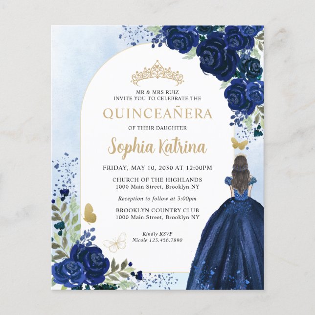 Budget Floral Navy Blue Gold Photo Quinceañera (Front)