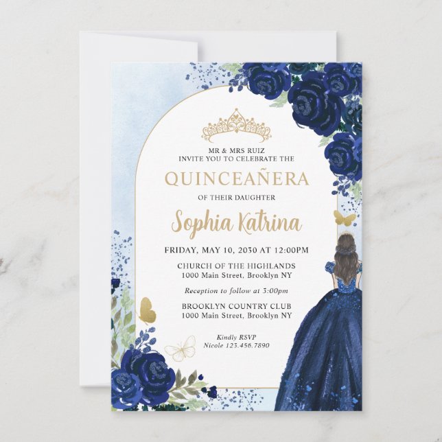 Budget Floral Navy Blue Gold Princess Quinceanera Card (Front)