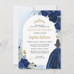 Budget Floral Navy Blue Gold Princess Quinceanera Card