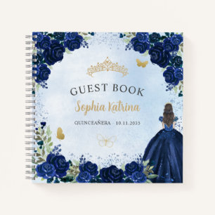 Budget Floral Navy Blue Gold Quinceanera Guestbook Notebook