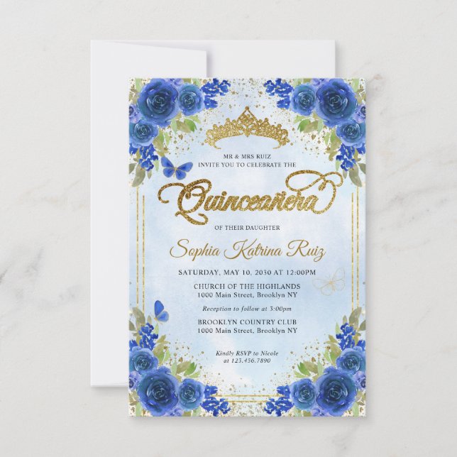 Budget Floral Navy Blue Gold Tiara Quinceañera Card (Front)