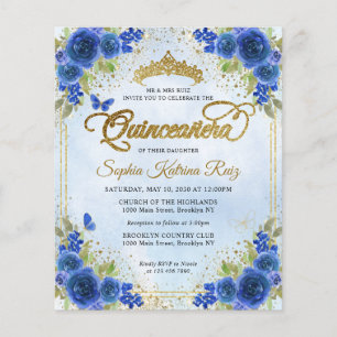Budget Floral Navy Blue Gold Tiara Quinceañera Flyer