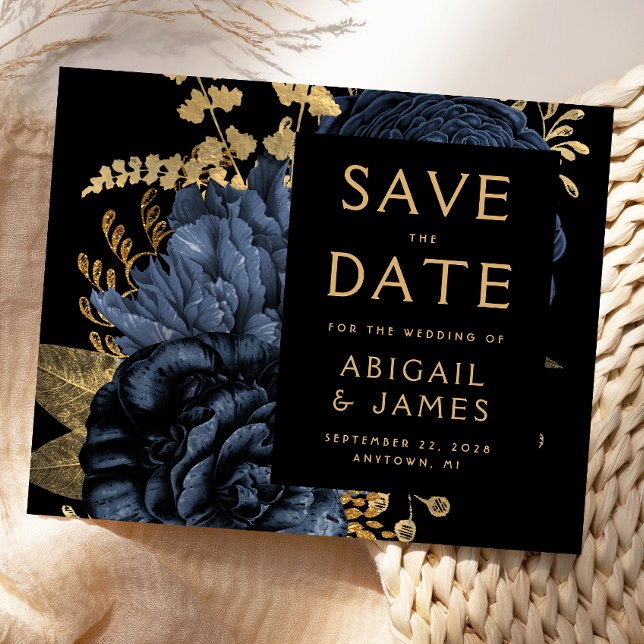 Budget Floral Navy Blue Gold Wedding Save the Date (Creator Uploaded)
