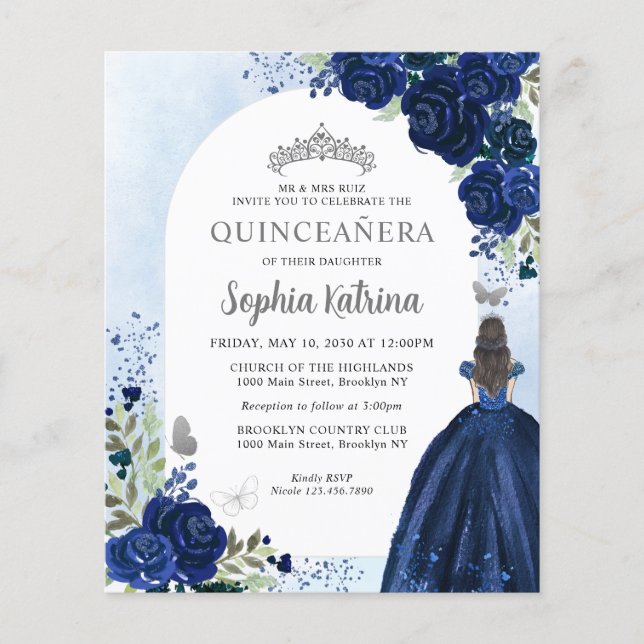 Budget Floral Navy Blue Grey Princess Quinceanera (Front)