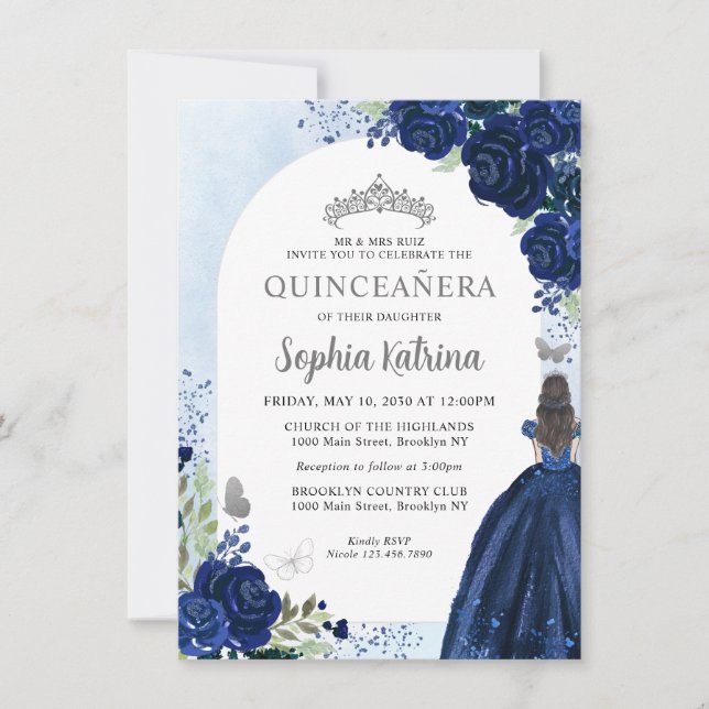 Budget Floral Navy Blue Grey Princess Quinceanera Card (Front)