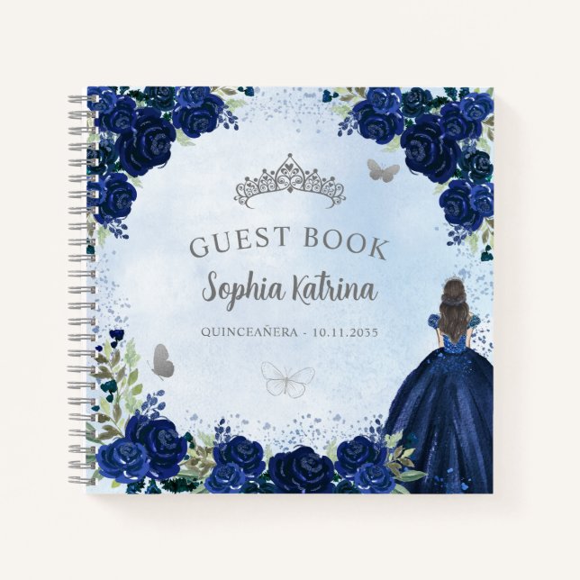 Budget Floral Navy Blue Grey Quinceanera Guestbook Notebook (Front)