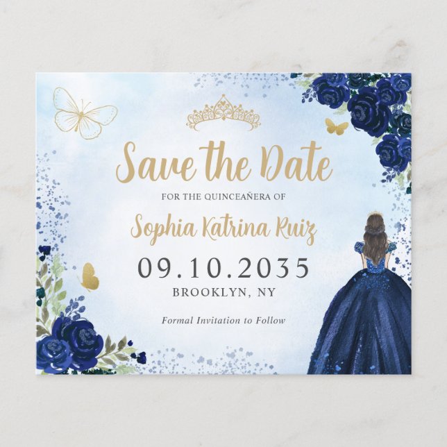 Budget Floral Navy Blue Quinceanera Save the Date (Front)