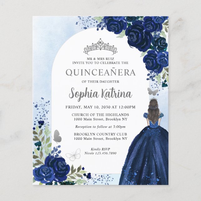 Budget Floral Navy Blue Silver Photo Quinceañera (Front)