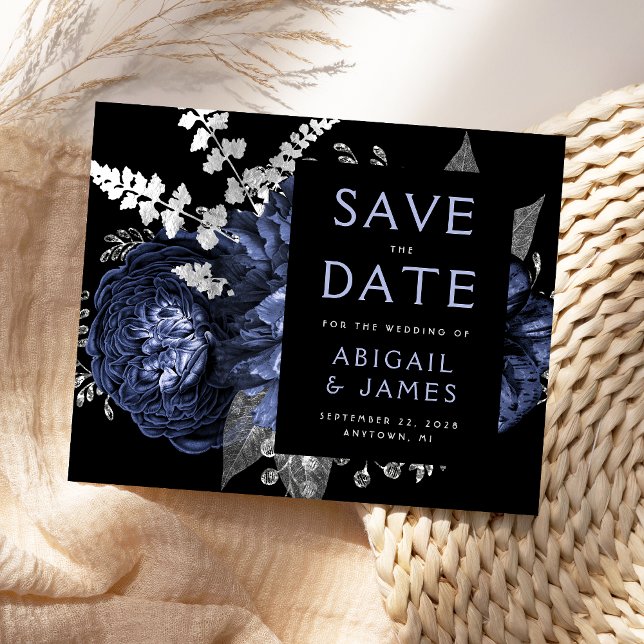 Budget Floral Navy Blue Silver Save the Date (Creator Uploaded)