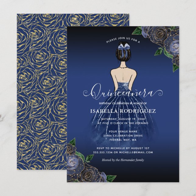 Budget Floral Navy Princess Gold Quinceañera Card (Front/Back)