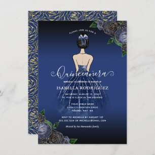 Budget Floral Navy Princess Gold Quinceañera Card