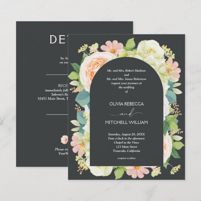 Budget Floral on Onyx Wedding All in One Invites (Front/Back)
