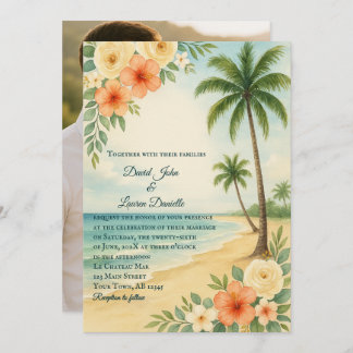Budget Floral Palm Tree Photo Wedding Invitation 