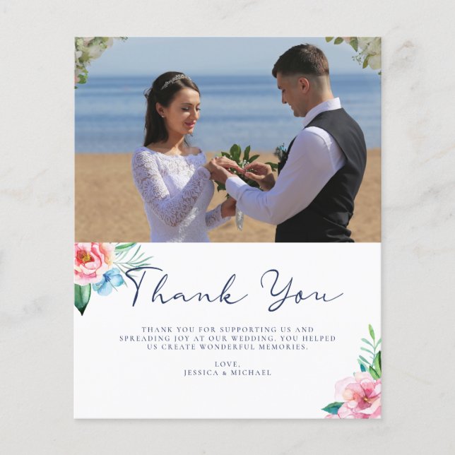 Budget Floral Photo Wedding Thank You Card (Front)