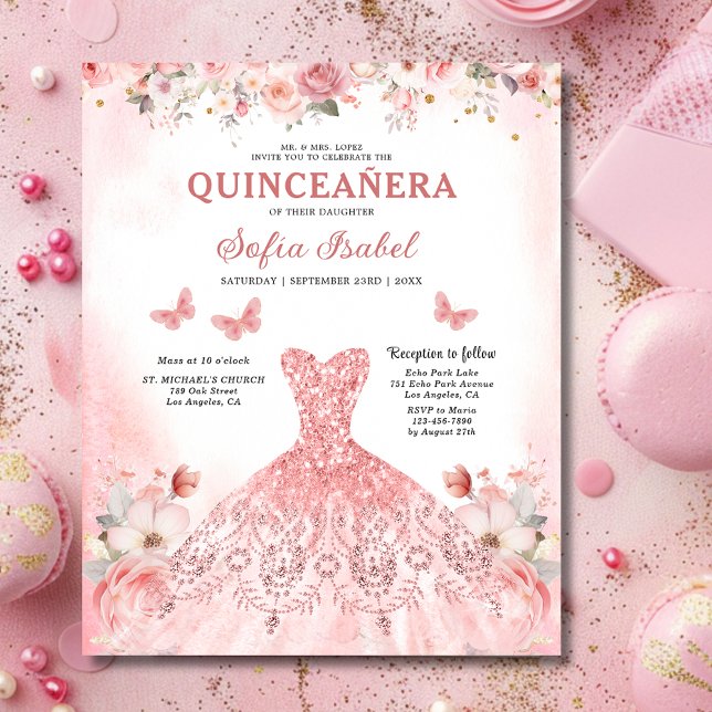 Budget Floral Pink Bilingual Spanish Quinceanera Flyer (Creator Uploaded)