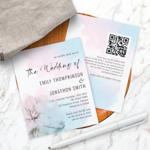 Budget Floral Pink Blue Wash QR Wedding Invite
