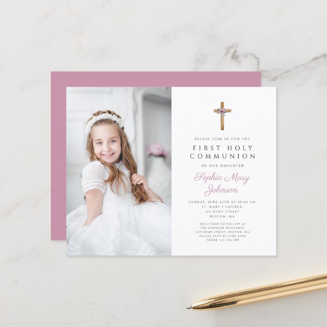 Budget Floral Pink Cross Photo First Communion (Front/Back In Situ)