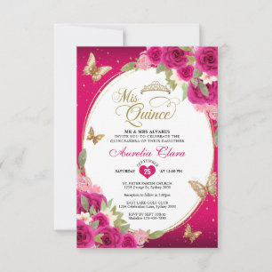 BUDGET Floral Pink Gold Butterfly Mis Quinceañera Card