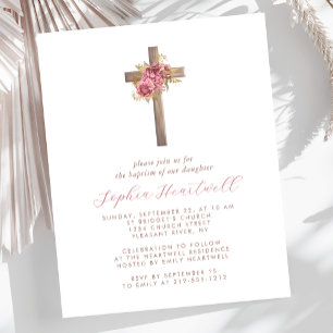 Budget Floral Pink Gold Cross Girl Baptism Invite