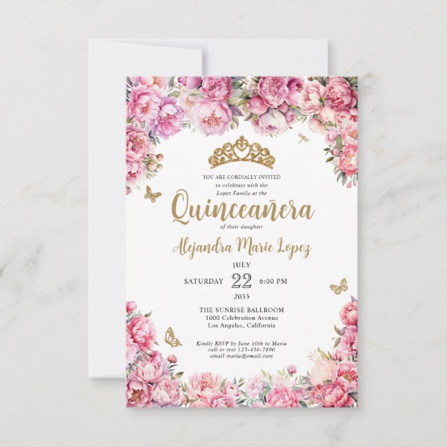 Budget Floral Pink Gold Glitter Tiara Quinceañera Card (Front)