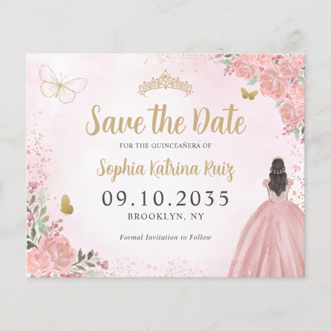 Budget Floral Pink Gold Quinceanera Save the Date (Front)