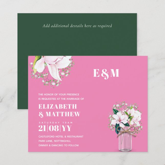 BUDGET Floral Pink Magnolias Green Wedding Invite (Front/Back)