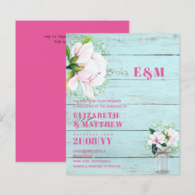 BUDGET Floral Pink Magnolias Green Wedding Invite (Front/Back)