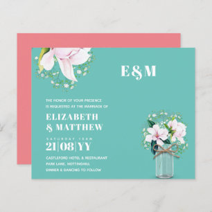 BUDGET Floral Pink Magnolias Green Wedding Invite