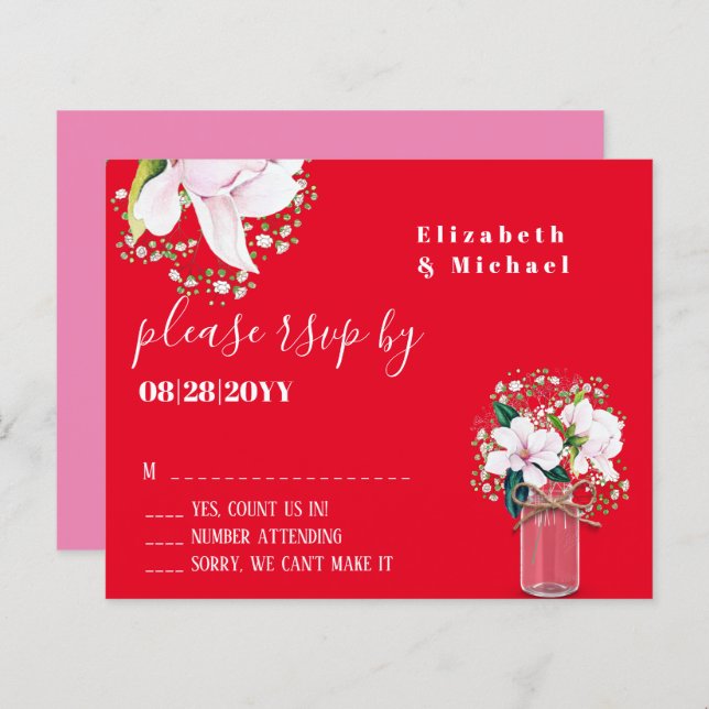 BUDGET Floral Pink Magnolias Red Wedding RSVP (Front/Back)
