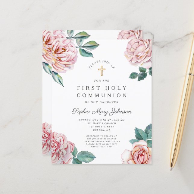 Budget Floral Pink Peonies Girl First Communion (Front/Back In Situ)