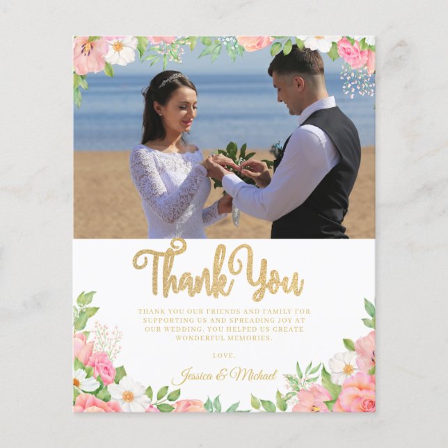 Budget Floral Pink Photo Wedding Thank You Card (Front)