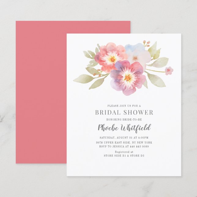 Budget Floral Pink Purple Bridal Shower Invite (Front/Back)