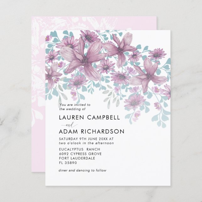 Budget Floral Pink Watercolor Wedding Invitation (Front/Back)
