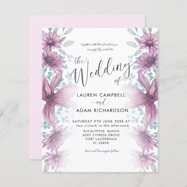 Budget Floral Pink Watercolor Wedding Invitation (Front/Back)