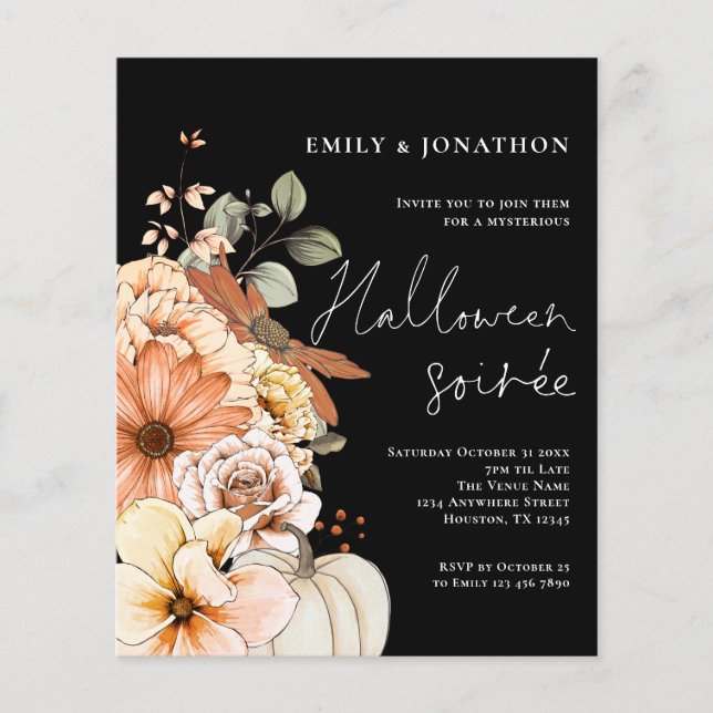 Budget Floral Pumpkin Script Halloween Party Black (Front)