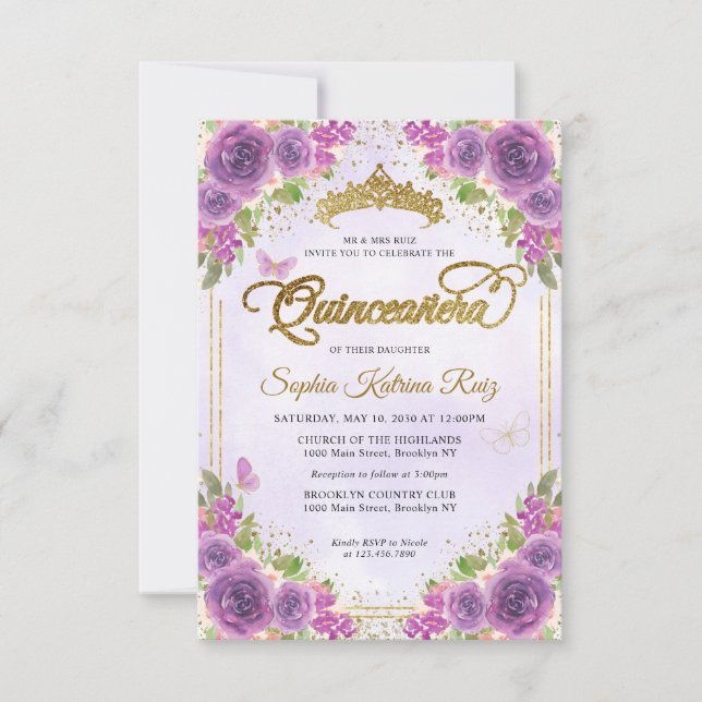 Budget Floral Purple Glam Gold Glitter Quinceañera Card (Front)