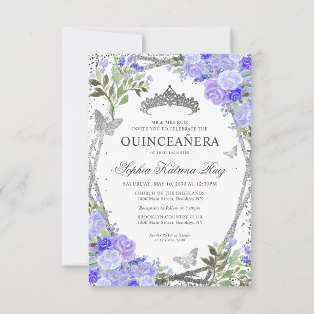 Budget Floral Purple Glam Silver Tiara Quinceañera Card (Front)
