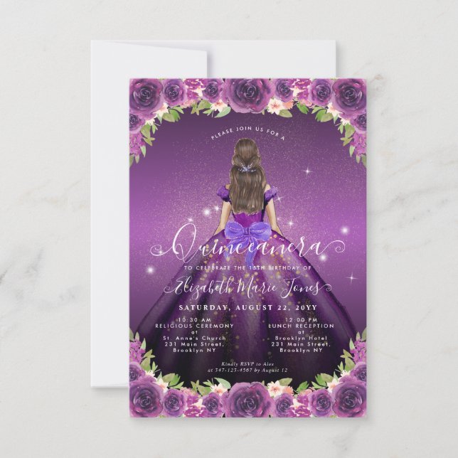 Budget Floral Purple Gold Princess Quinceanera Card (Front)