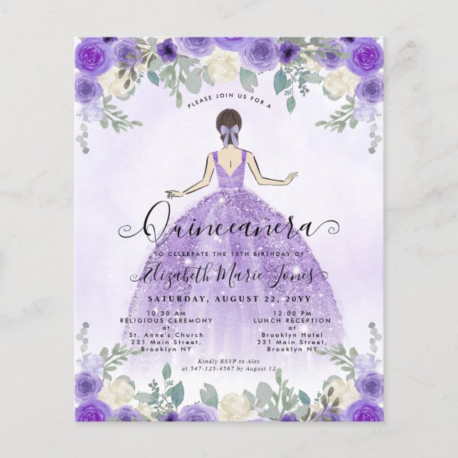 Budget Floral Purple Princess Birthday Quinceanera (Front)