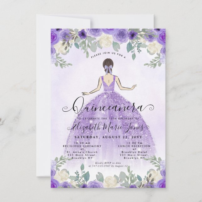 Budget Floral Purple Princess Birthday Quinceanera Card (Front)