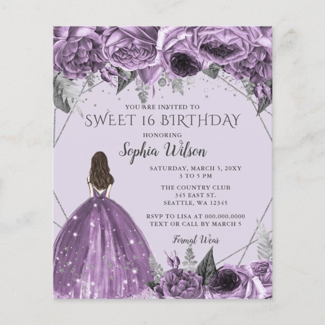 Budget Floral Purple Princess Sweet 16  Invitation (Front)