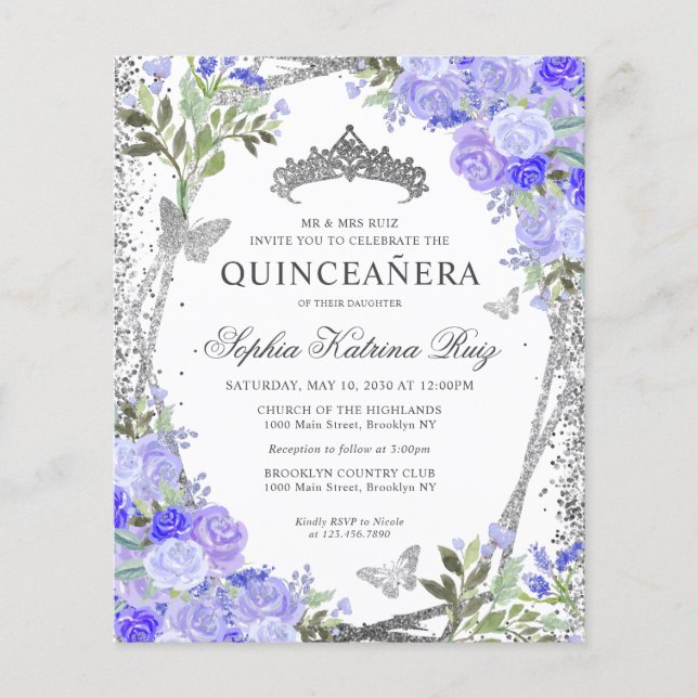 Budget Floral Purple Silver Quinceañera Invite (Front)