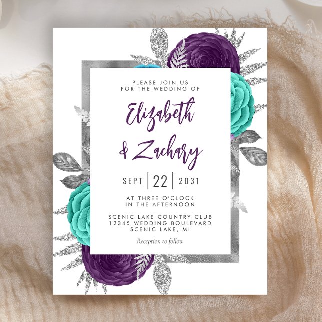 Budget Floral Purple Teal Silver Wedding Invite (Creator Uploaded)