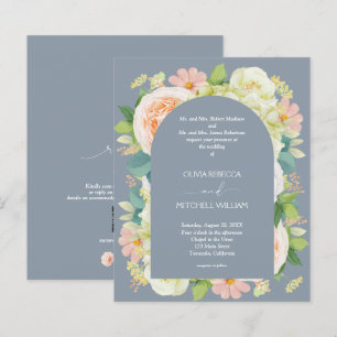 Budget Floral QR Code Dusty Blue Wedding Invites