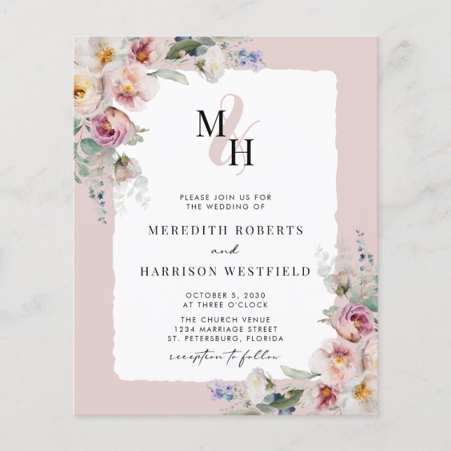 Budget Floral QR Code Monogram Wedding Invitation (Front)