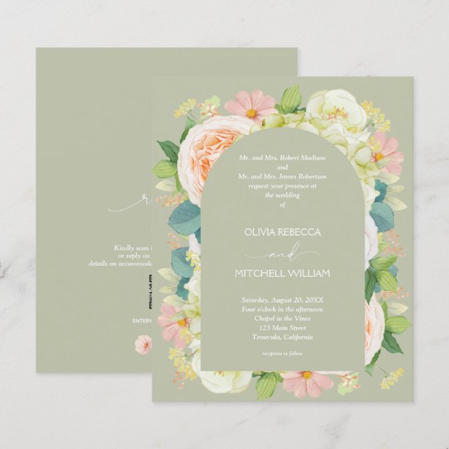 Budget Floral QR Code Sage Green Wedding Invites (Front/Back)