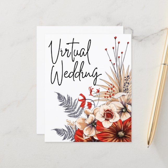 Budget Floral Red Cream Virtual Wedding Invitation (Front/Back In Situ)