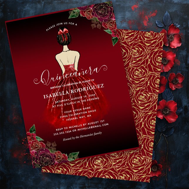 Budget Floral Red Gold Birthday Quinceañera Card (Budget Floral Red Gold Birthday Quinceañera Note Card)