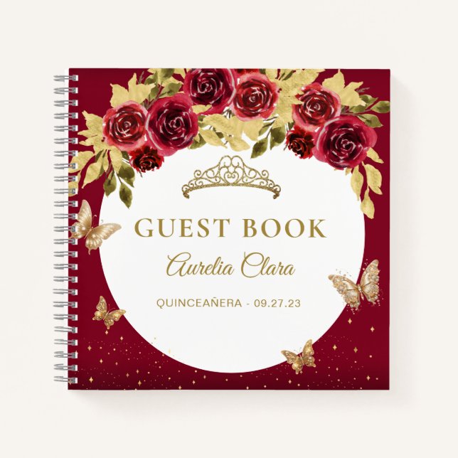 BUDGET Floral Red Gold Butterfly Guest Book (Front)