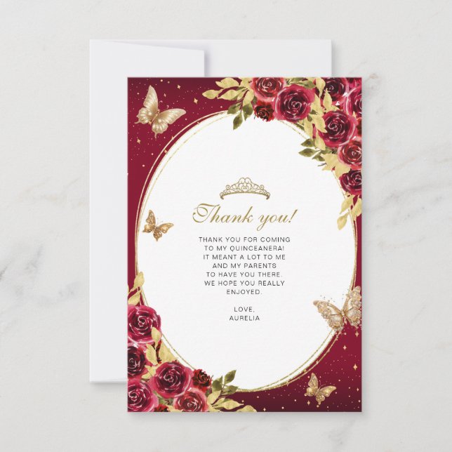 BUDGET Floral Red Gold Butterfly Photo Quinceañera Card (Front)